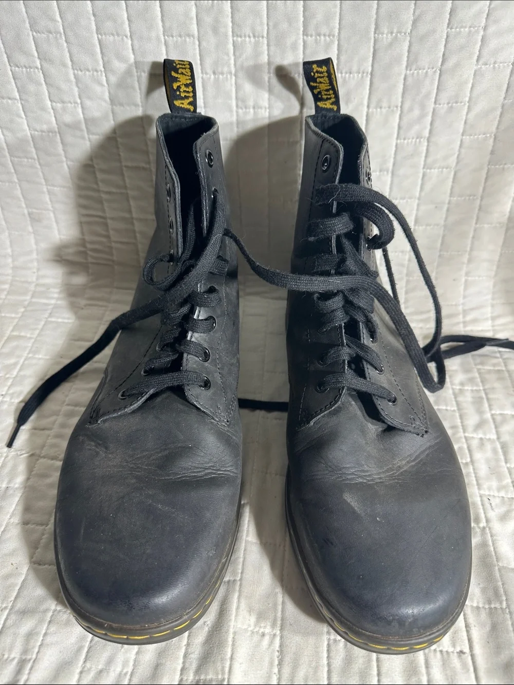 Dr. Martens Tobias Black Leather Lace-Up Men’s Boots with Yellow Stitching